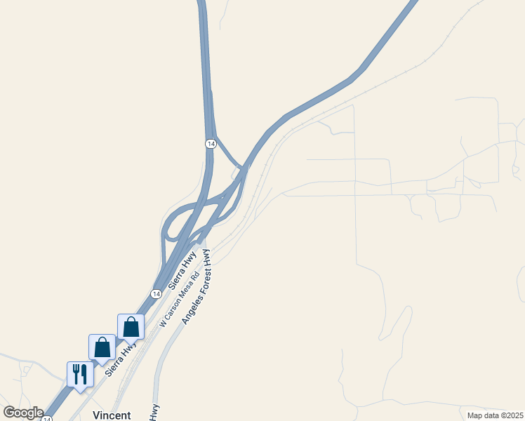map of restaurants, bars, coffee shops, grocery stores, and more near 900 East Carson Mesa Road in Palmdale