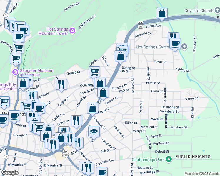 map of restaurants, bars, coffee shops, grocery stores, and more near 668 East Grand Avenue in Hot Springs