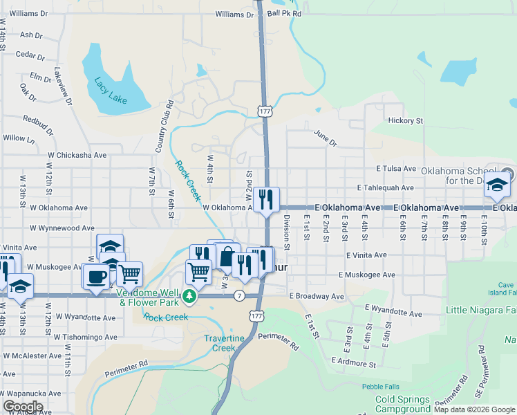 map of restaurants, bars, coffee shops, grocery stores, and more near 115 West Oklahoma Avenue in Sulphur