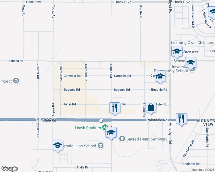 map of restaurants, bars, coffee shops, grocery stores, and more near 13283 Begonia Road in Victorville