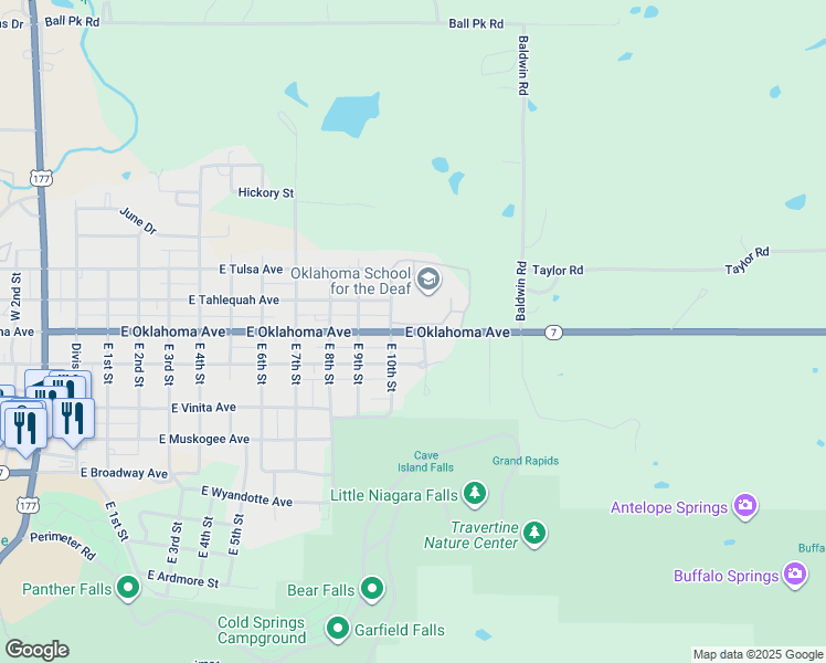 map of restaurants, bars, coffee shops, grocery stores, and more near 1100 East Oklahoma Avenue in Sulphur