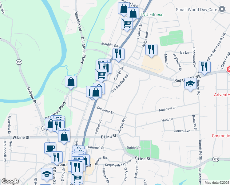 map of restaurants, bars, coffee shops, grocery stores, and more near 705 Old Red Bud Road in Calhoun