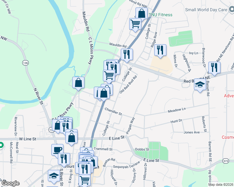 map of restaurants, bars, coffee shops, grocery stores, and more near 100 Metter Lane in Calhoun