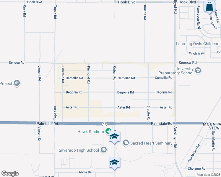 map of restaurants, bars, coffee shops, grocery stores, and more near 13283 Begonia Road in Victorville