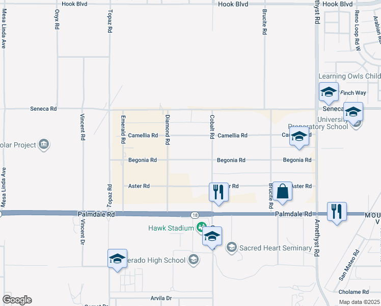 map of restaurants, bars, coffee shops, grocery stores, and more near 13220 Begonia Road in Victorville