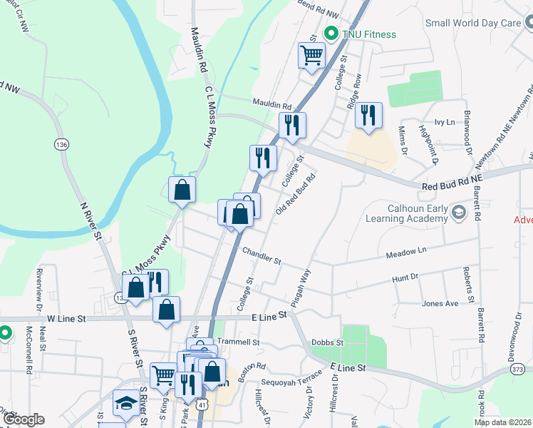 map of restaurants, bars, coffee shops, grocery stores, and more near 100 Metter Lane in Calhoun