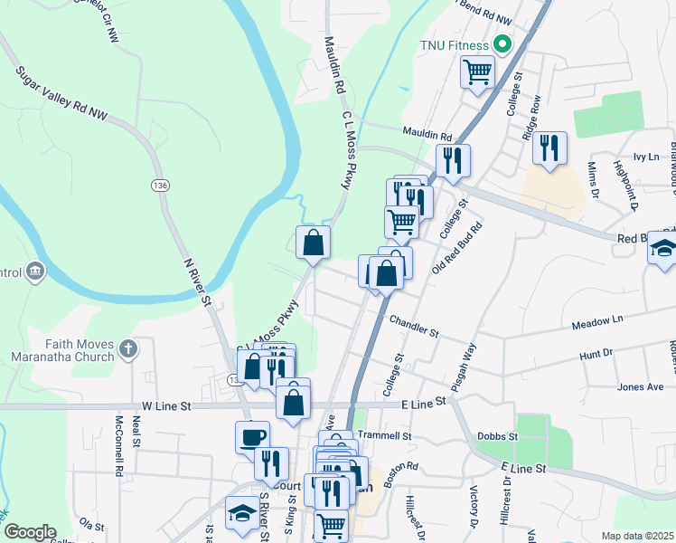 map of restaurants, bars, coffee shops, grocery stores, and more near 212 Forrest Avenue in Calhoun