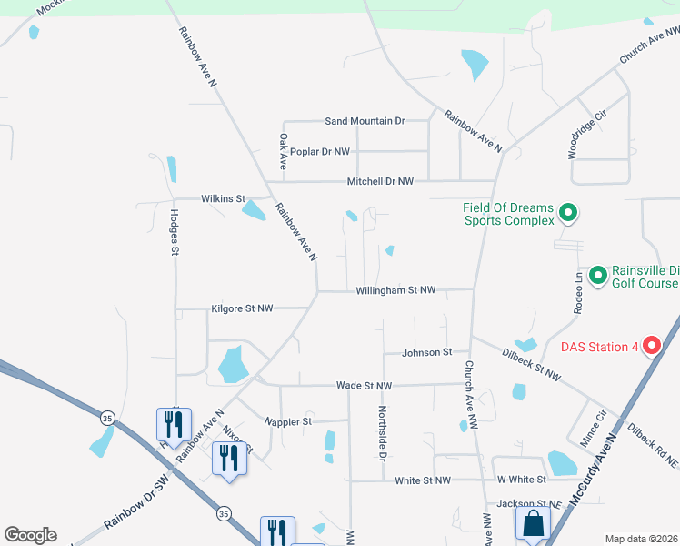 map of restaurants, bars, coffee shops, grocery stores, and more near 21 Mo Street in Rainsville