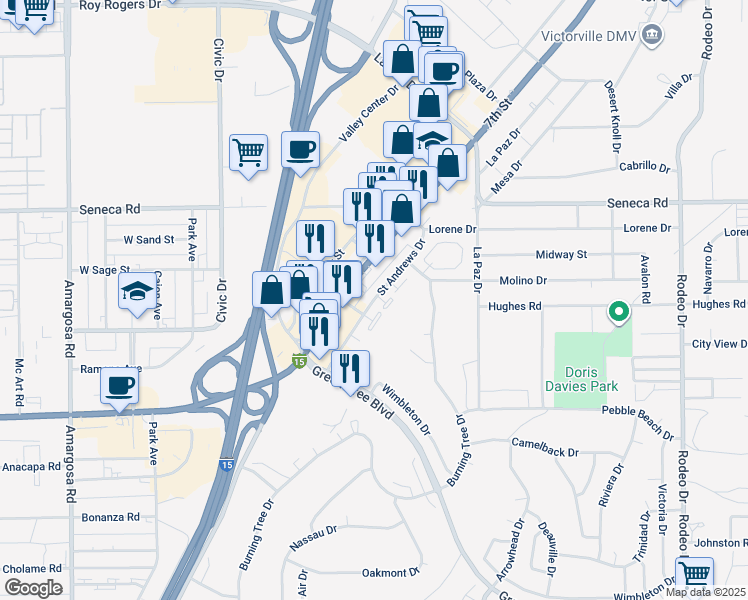 map of restaurants, bars, coffee shops, grocery stores, and more near Saint Andrews Drive in Victorville