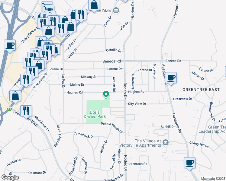 map of restaurants, bars, coffee shops, grocery stores, and more near 16416 Hughes Road in Victorville