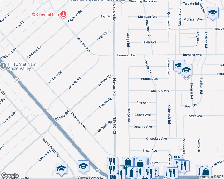 map of restaurants, bars, coffee shops, grocery stores, and more near 14280 Navajo Road in Apple Valley