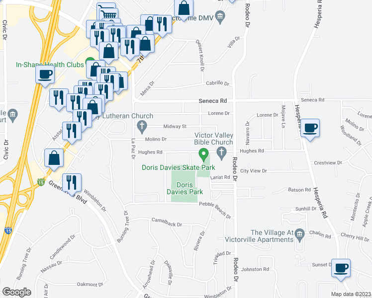 map of restaurants, bars, coffee shops, grocery stores, and more near 16304 Hughes Road in Victorville