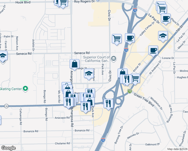 map of restaurants, bars, coffee shops, grocery stores, and more near Cajon Street in Victorville
