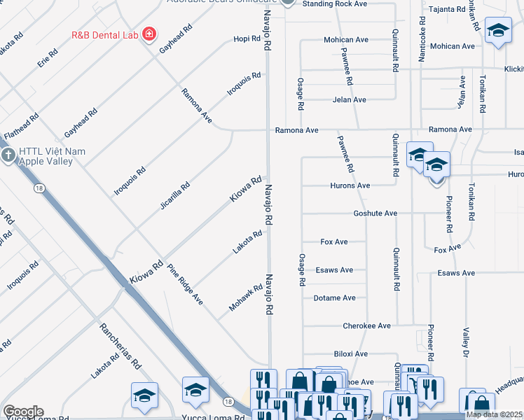 map of restaurants, bars, coffee shops, grocery stores, and more near 14280 Navajo Road in Apple Valley