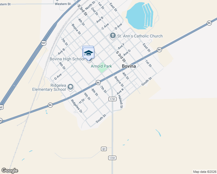 map of restaurants, bars, coffee shops, grocery stores, and more near 600 Avenue I in Bovina