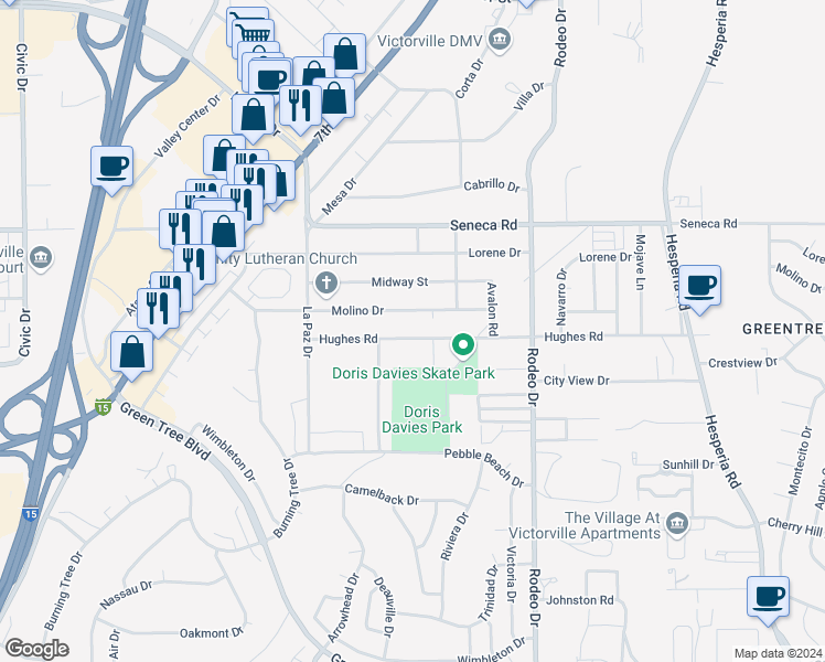 map of restaurants, bars, coffee shops, grocery stores, and more near 16284 Hughes Road in Victorville