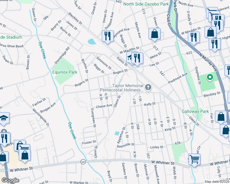 map of restaurants, bars, coffee shops, grocery stores, and more near 11 Oakwood Street in Anderson