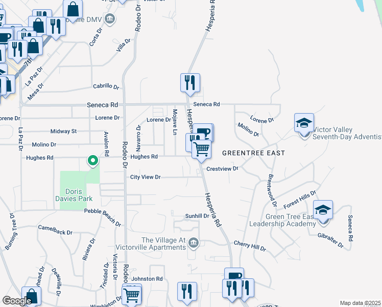 map of restaurants, bars, coffee shops, grocery stores, and more near 14312 Hesperia Road in Victorville