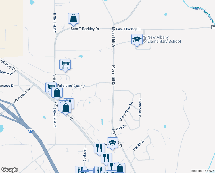 map of restaurants, bars, coffee shops, grocery stores, and more near 850 Fairground Spur Road in New Albany