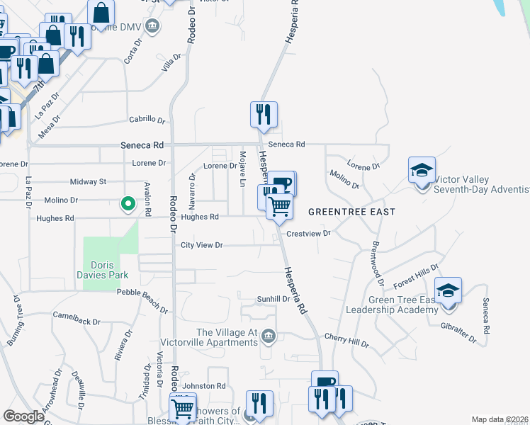 map of restaurants, bars, coffee shops, grocery stores, and more near 14312 Hesperia Road in Victorville