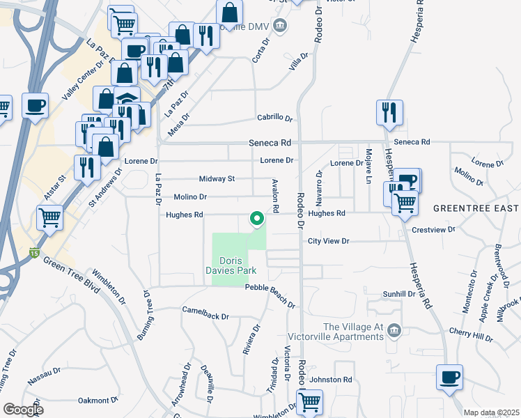 map of restaurants, bars, coffee shops, grocery stores, and more near 16416 Hughes Road in Victorville