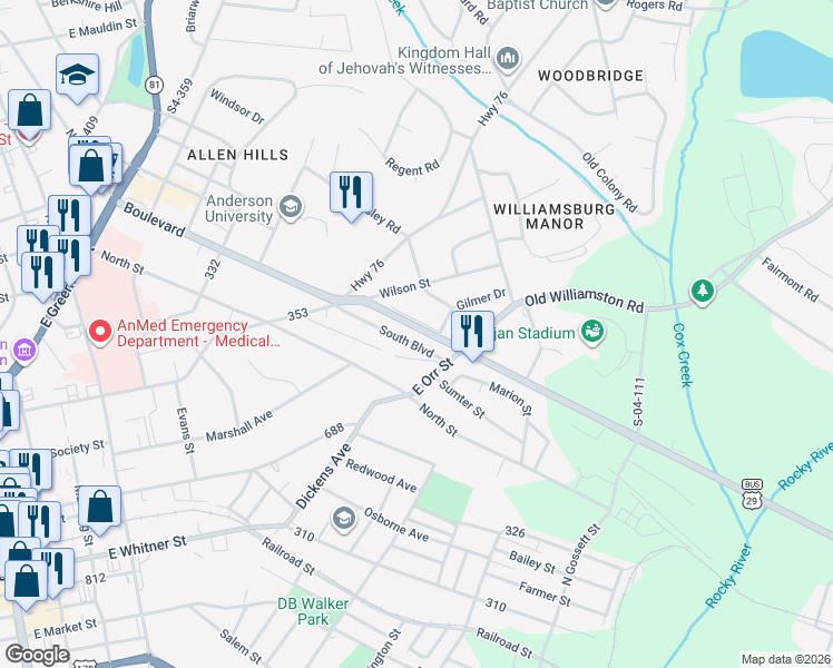 map of restaurants, bars, coffee shops, grocery stores, and more near 220 Williamston Road in Anderson
