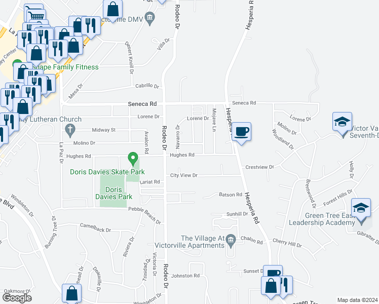map of restaurants, bars, coffee shops, grocery stores, and more near 16600 Hughes Road in Victorville