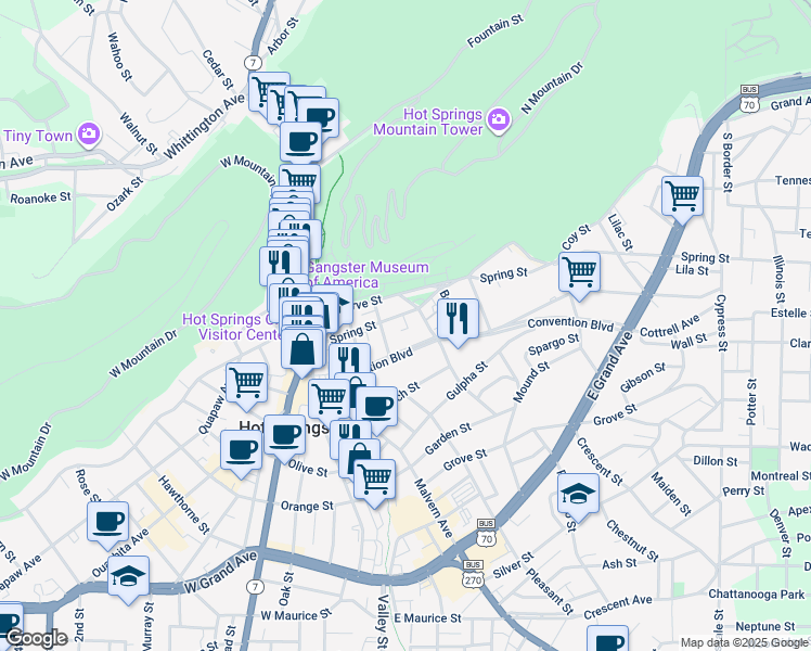 map of restaurants, bars, coffee shops, grocery stores, and more near in Hot Springs