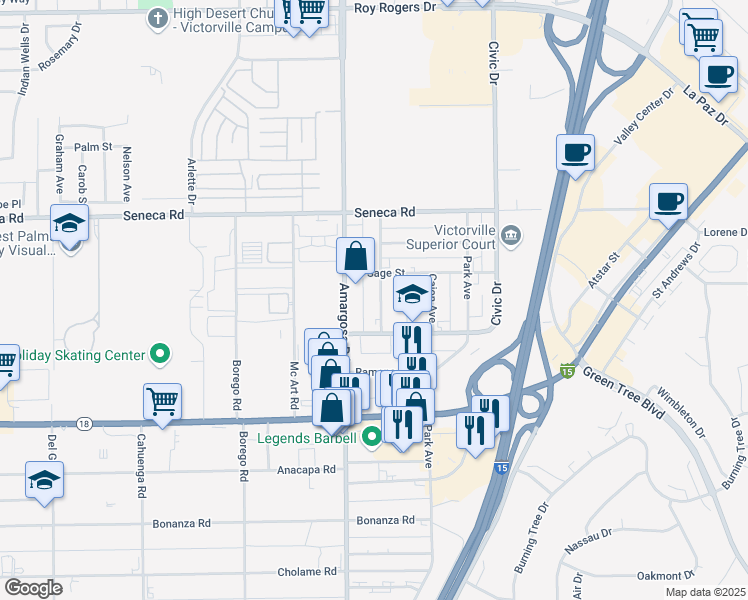 map of restaurants, bars, coffee shops, grocery stores, and more near 12792 Amargosa Road in Victorville