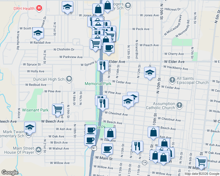 map of restaurants, bars, coffee shops, grocery stores, and more near 1402 West Pine Avenue in Duncan