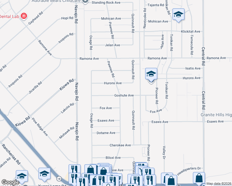 map of restaurants, bars, coffee shops, grocery stores, and more near 21954 Goshute Avenue in Apple Valley