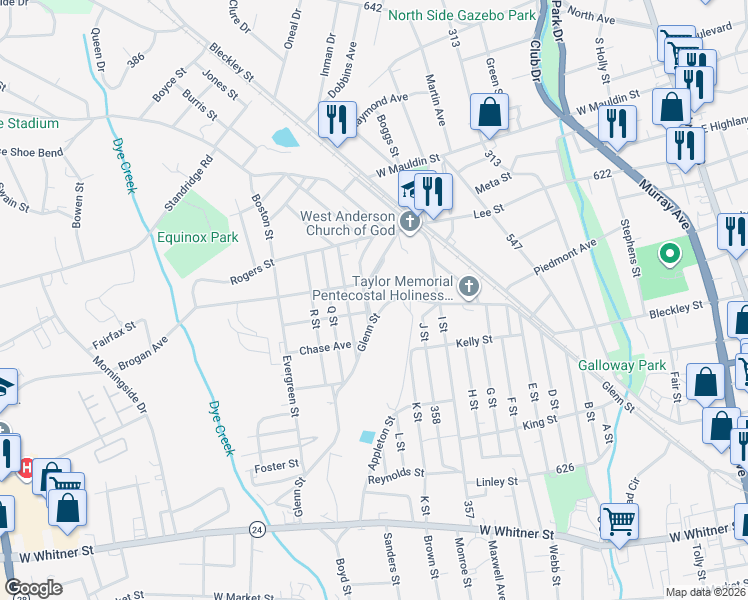 map of restaurants, bars, coffee shops, grocery stores, and more near 11 Oakwood Street in Anderson