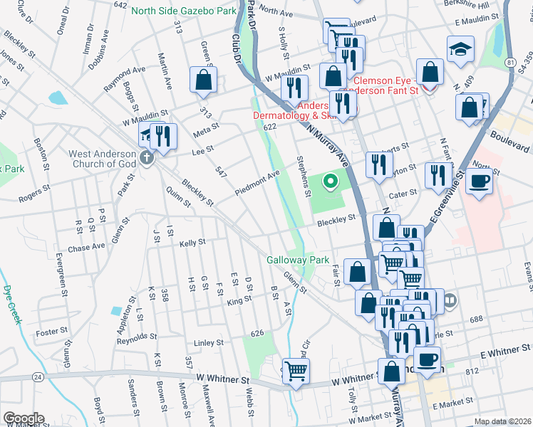 map of restaurants, bars, coffee shops, grocery stores, and more near 1003 Tribble Street in Anderson