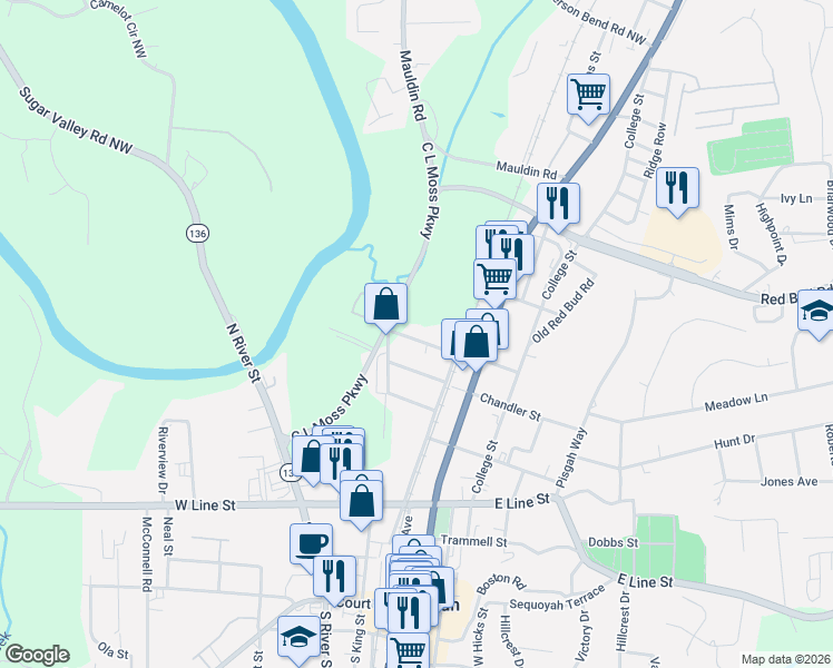 map of restaurants, bars, coffee shops, grocery stores, and more near 212 Forrest Avenue in Calhoun