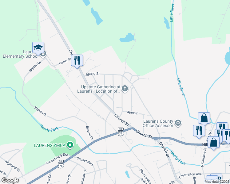 map of restaurants, bars, coffee shops, grocery stores, and more near 200 Southview Drive in Laurens