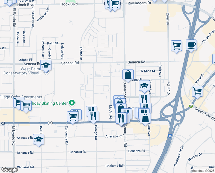 map of restaurants, bars, coffee shops, grocery stores, and more near 14344 Mcart Road in Victorville