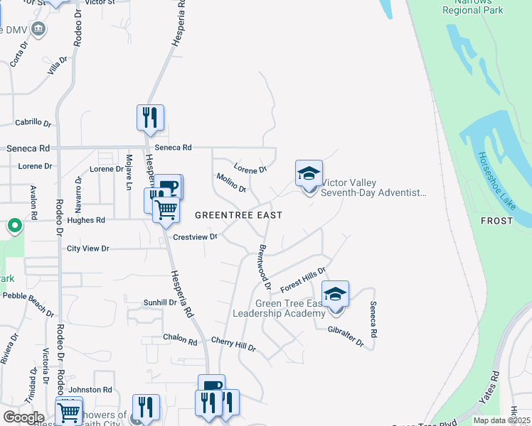 map of restaurants, bars, coffee shops, grocery stores, and more near 14320 Brentwood Drive in Victorville