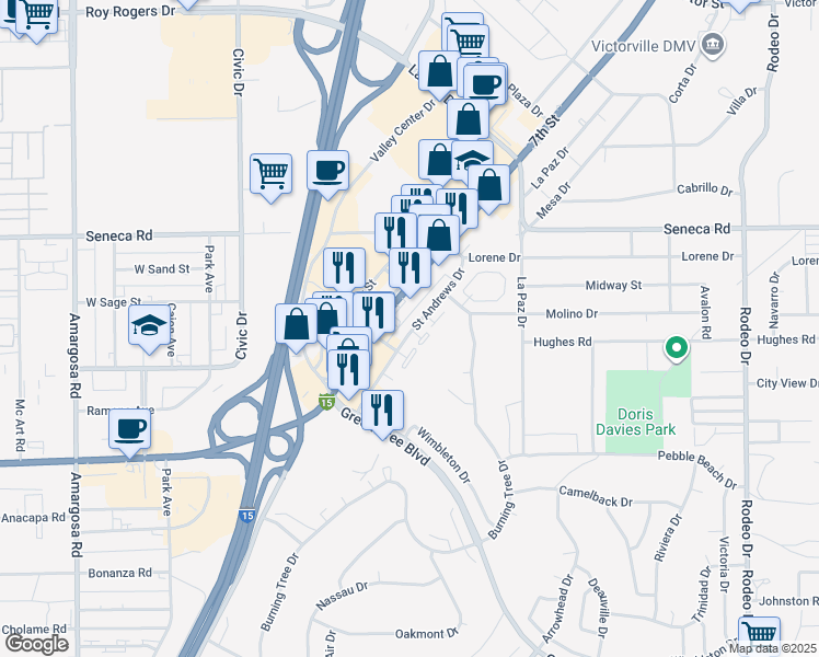 map of restaurants, bars, coffee shops, grocery stores, and more near 14368 Saint Andrews Drive in Victorville