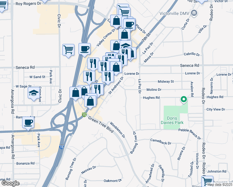 map of restaurants, bars, coffee shops, grocery stores, and more near 14331 El Dorado Drive in Victorville