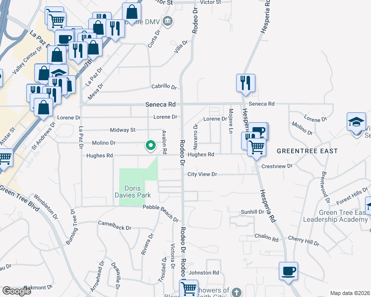 map of restaurants, bars, coffee shops, grocery stores, and more near 14327 Rodeo Drive in Victorville