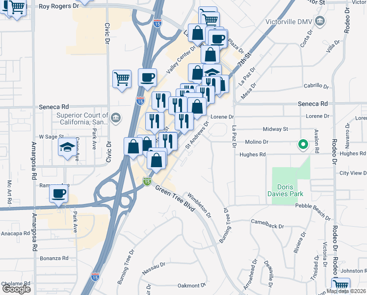 map of restaurants, bars, coffee shops, grocery stores, and more near Saint Andrews Drive in Victorville
