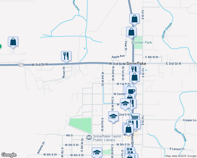 map of restaurants, bars, coffee shops, grocery stores, and more near 196 North 3rd Street West in Snowflake