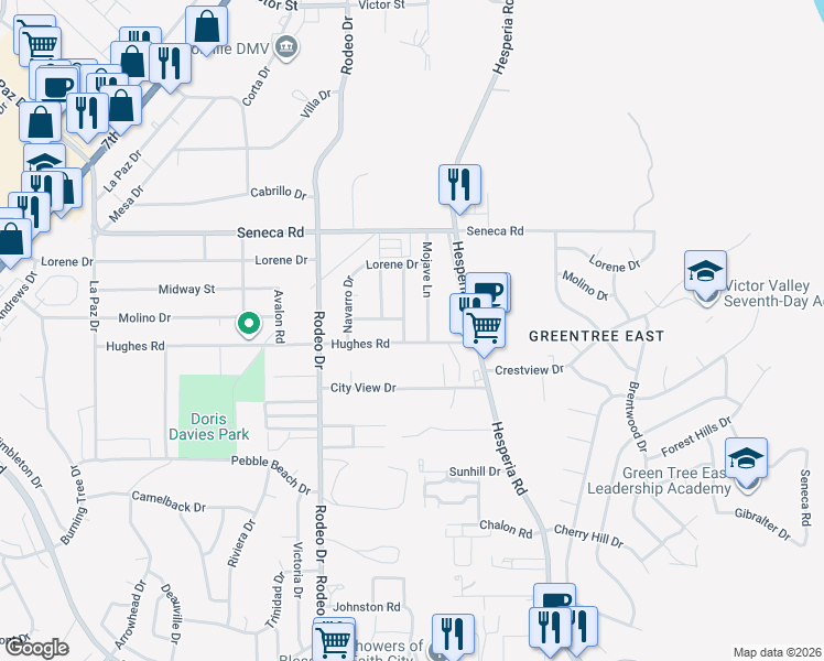 map of restaurants, bars, coffee shops, grocery stores, and more near 14368 Mojave Lane in Victorville