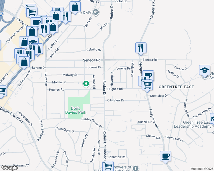 map of restaurants, bars, coffee shops, grocery stores, and more near 14355 Navarro Drive in Victorville
