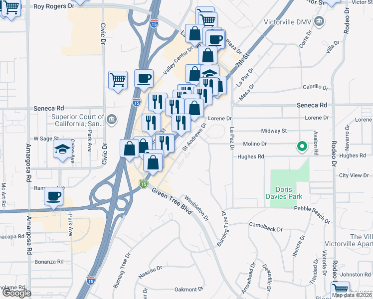 map of restaurants, bars, coffee shops, grocery stores, and more near 14368 Saint Andrews Drive in Victorville
