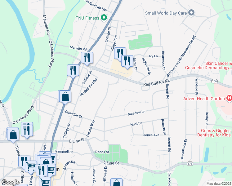 map of restaurants, bars, coffee shops, grocery stores, and more near 112A Garden Hill Drive in Calhoun