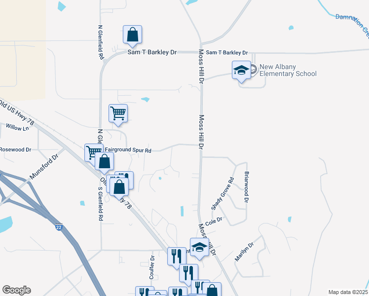 map of restaurants, bars, coffee shops, grocery stores, and more near 850 Fairground Spur Road in New Albany