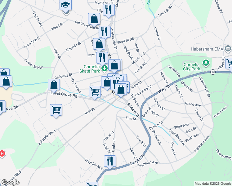 map of restaurants, bars, coffee shops, grocery stores, and more near 631 Irvin St in Cornelia
