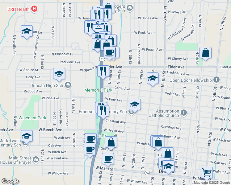 map of restaurants, bars, coffee shops, grocery stores, and more near 709 North 14th Street in Duncan