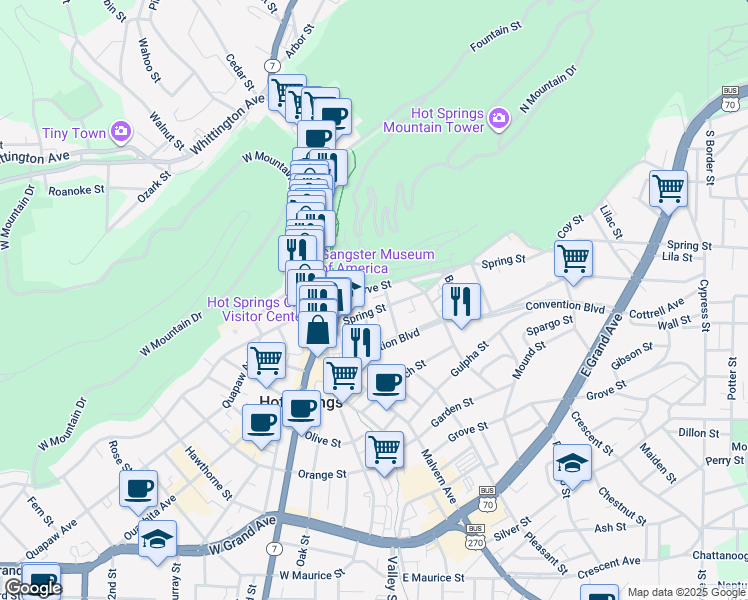 map of restaurants, bars, coffee shops, grocery stores, and more near 200 Reserve Street in Hot Springs